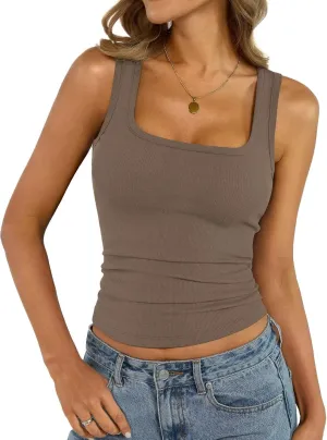 Womens Cotton Square Neck Ribbed Tank Tops Fitted Thin Shoulder Strap Sleeveless Basic Summer Cami Clothes 2025