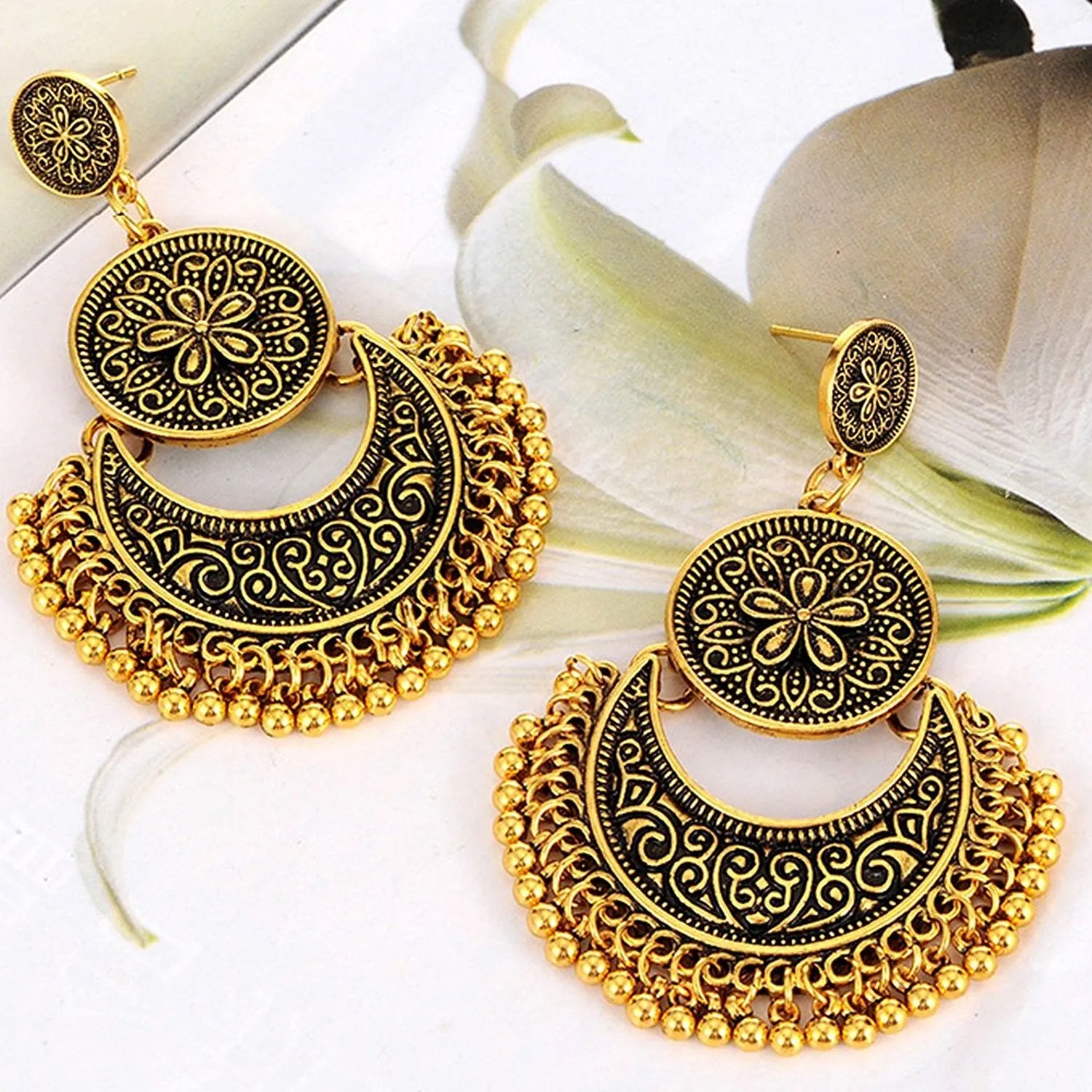 Yellow Chimes Chandbali Earrings for Women Tribal Muse Collection Oxidised Golden Chand bali Earrings For Women and Girls.