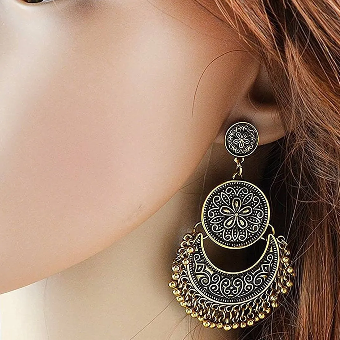 Yellow Chimes Chandbali Earrings for Women Tribal Muse Collection Oxidised Golden Chand bali Earrings For Women and Girls.