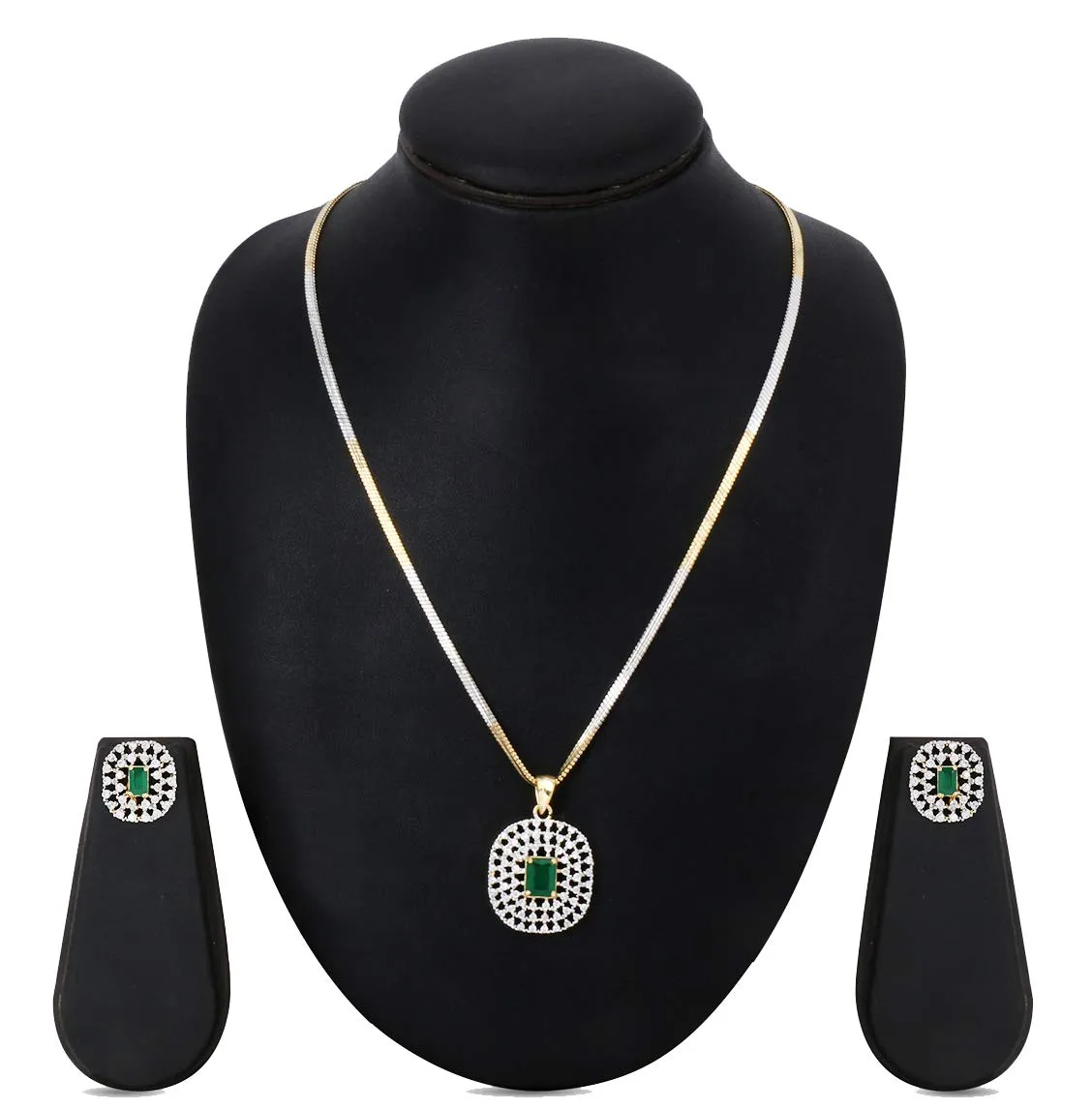 Yellow Chimes Sparkling AD/American Diamond Studded Ethnic Traditional Black Beads Mangalsutra Pendant Set with Earrings for Women (Oval Charm Pendant Set)
